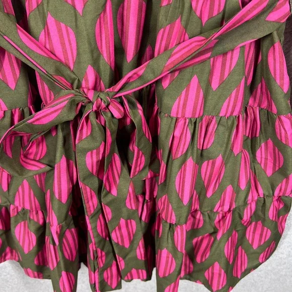 J. Marie Dress Womens Small Pink Olive Green Leaf Print Ruffle Mini Belted EUC - Picture 4 of 9